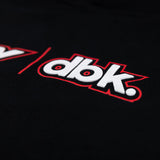 Youth black hoodie with FLY dbk logo, worn by person