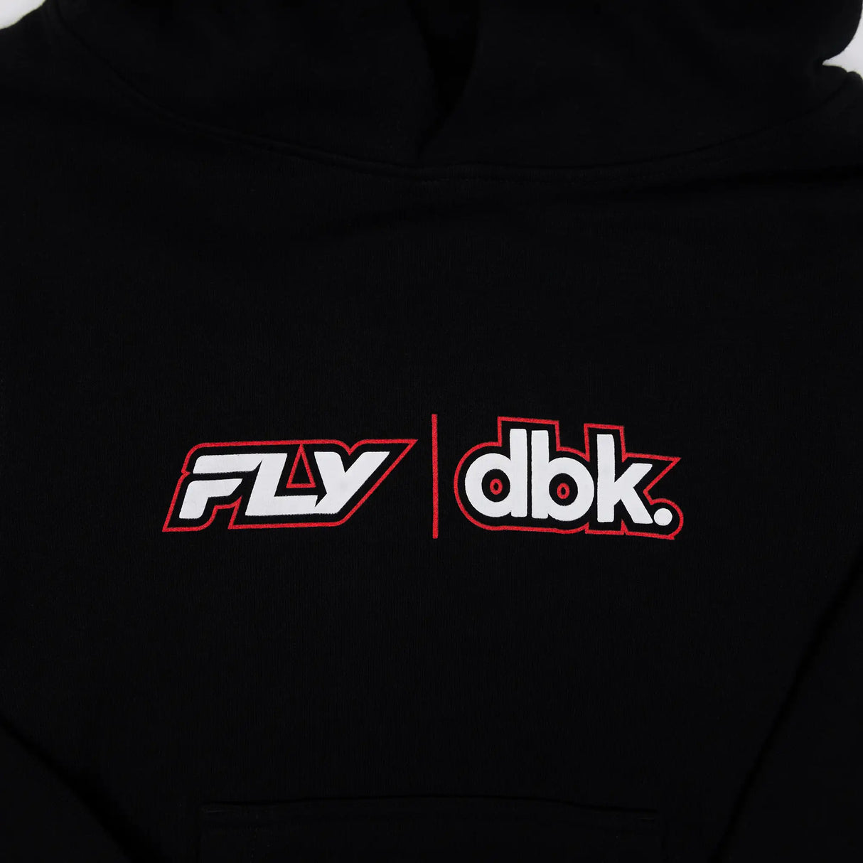 Youth black hoodie close-up: FLY dbk red-and-white chest logo