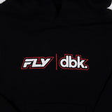 Youth black hoodie close-up: FLY dbk red-and-white chest logo