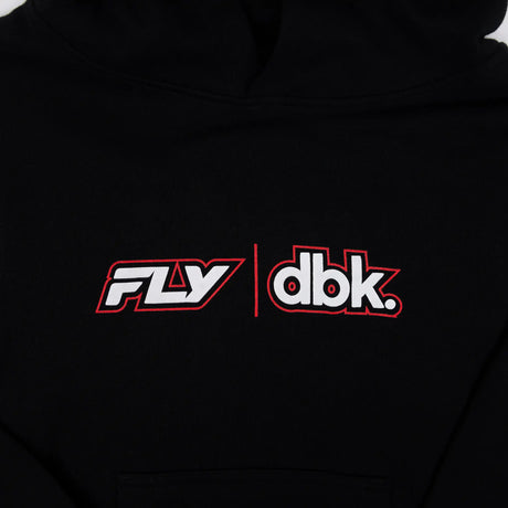 Close-up of FLY | dbk logo on the front pocket area of a black hoodie