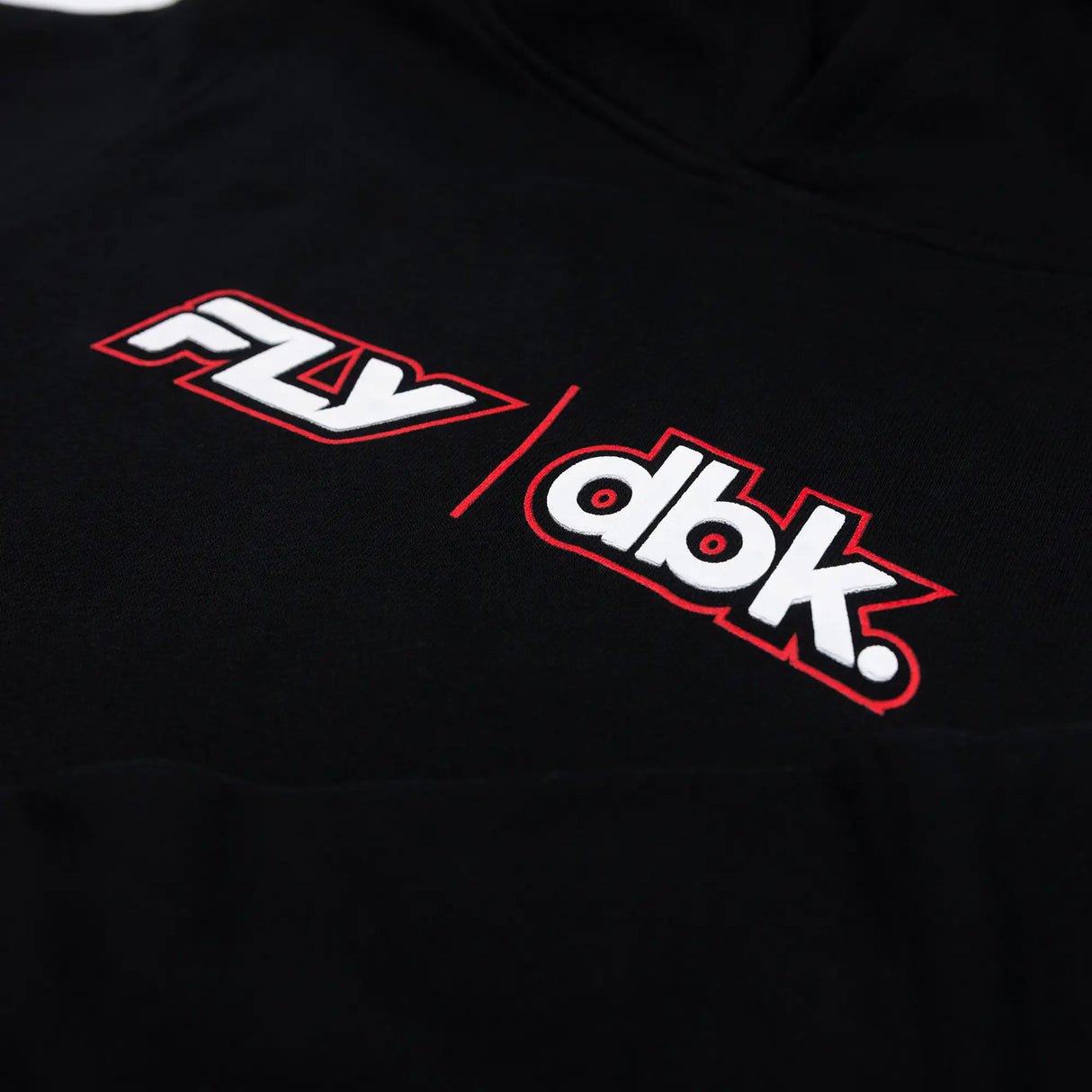 Youth black hoodie close-up of FLY dbk logo text graphic