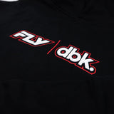 Youth black hoodie close-up of FLY dbk logo text graphic