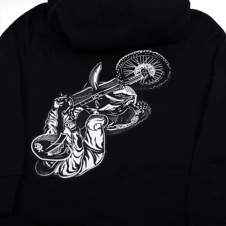 Back view: black youth hoodie with rider-and-wheel graphic print on hood