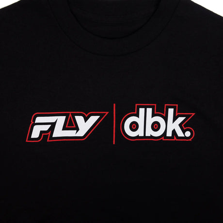 Black T-shirt chest logo: FLY on left, dbk. on right
