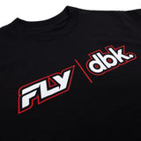 Black T-shirt with red-and-white dbk logo print