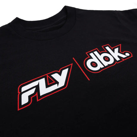 Black tee close-up: dbk. logo in red outline and white fill