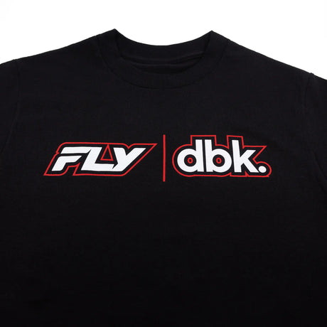 Black tee close-up: red and white FLY|dbk chest print