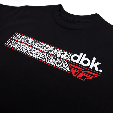 Black Driven Tee front close-up: white dbk lettering on patterned stripe