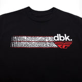 Black crewneck T-shirt front: white patterned bar with red stripe and dbk logo.