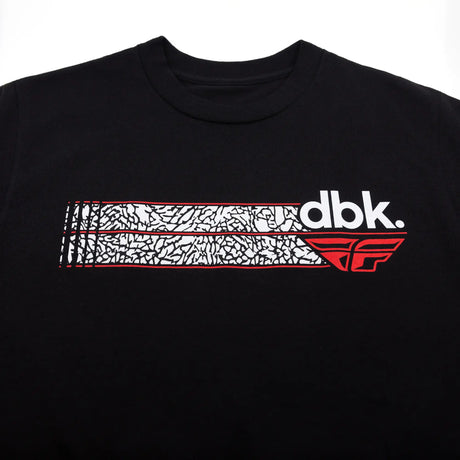 Black Driven Tee front graphic: patterned stripe with dbk text and red TF mark