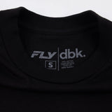 Black T-shirt back neck label with dbk logo and small size text.