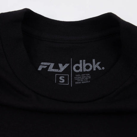 Black crew neck with FLY/dbk label and size S tag