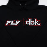 Black hoodie chest logo close-up: FLY and dbk print with red outline