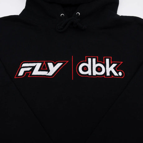 Close-up of black hoodie hood with drawstrings and FLY dbk chest print