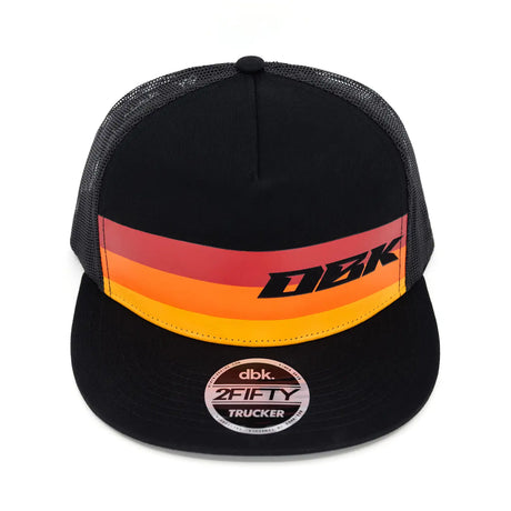 Back view of black DBK trucker cap with orange-red logo band and front badge