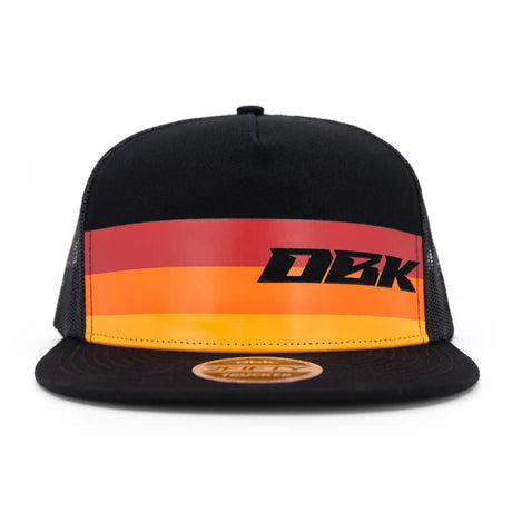 Black trucker cap front view with DBK logo on orange-red stripe and yellow trim