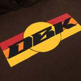 Brown youth hoodie close-up of DKB logo print in yellow, red, and black