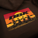 Brown youth hoodie close-up of rectangular back print with DKB logo and riders