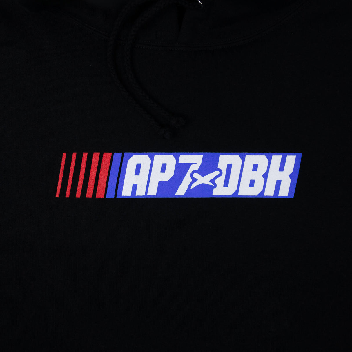 Black youth hoodie hood area with AP7DBK logo graphic