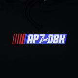 Black youth hoodie hood area with AP7DBK logo graphic