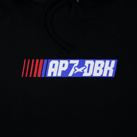 Black youth hoodie hood area with AP7DBK logo graphic