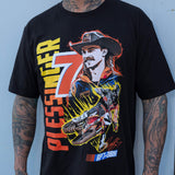 Black AP7 graphic T-shirt with large racing-figure print in neon yellow, orange, and blue.