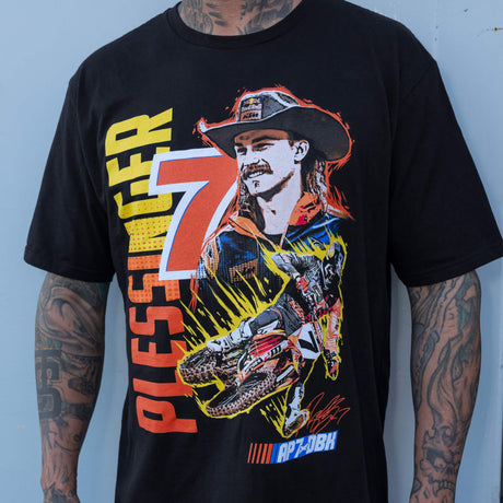 Black AP7 graphic T-shirt with large racing-figure print in neon yellow, orange, and blue.