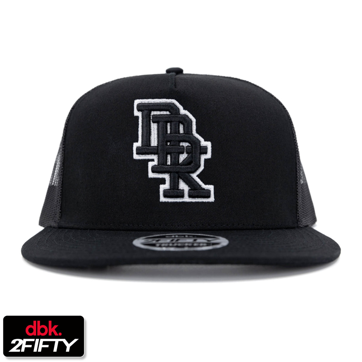 Black trucker cap with white DBK 2Fifty logo patch on the front panel