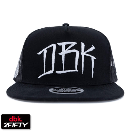 Black trucker cap with white DBK graphic on the front and flat brim