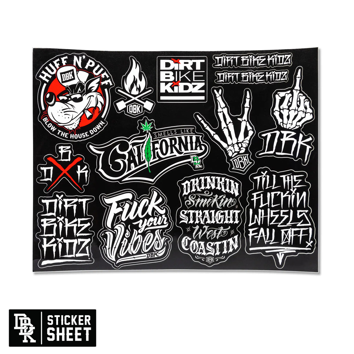 Sticker sheet with black graffiti bike decals and small sticker-sheet label panel