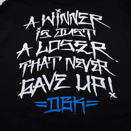 Black T-shirt close-up with white and blue graffiti-style front print