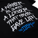 Black T-shirt close-up of white back graffiti text with blue logo accent