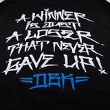 Black T-shirt close-up of large white back graffiti print with blue logo