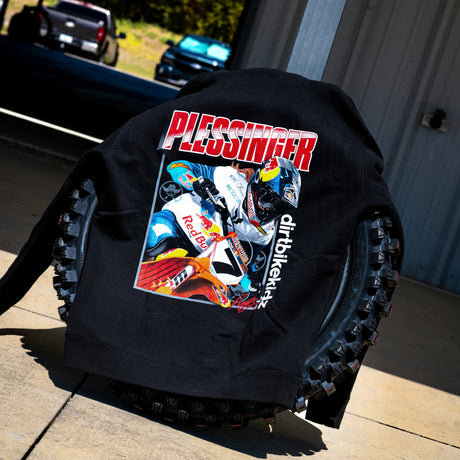 Black hoodie back print “PLESSINGER” with offbikekidz text