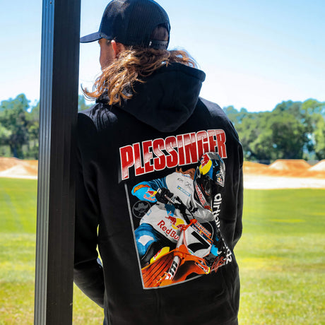 Black hoodie back with large “PLESSINGER” racing bike graphic