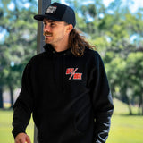 AP7 hoodie worn by model in black with AP7/DBK logo on chest