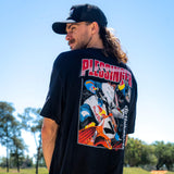 Black AP7 tee with large PLESSINGFER bike graphic on the back
