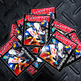 Motorcycle sticker pack with multiple square stickers featuring rider art and PLESSINGFER text