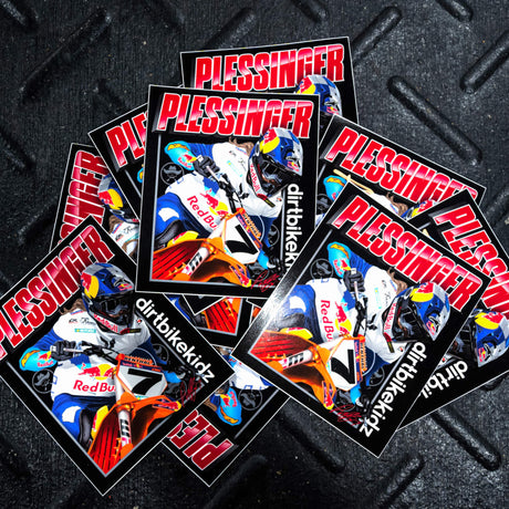 Motorcycle sticker pack with multiple square stickers featuring rider art and PLESSINGFER text
