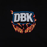 Black tank top chest graphic: DBK letters with blue outline and orange flames