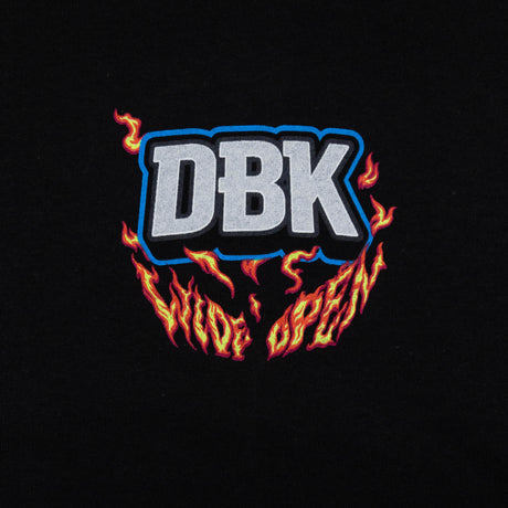 Black tank top chest graphic: DBK letters with blue outline and orange flames