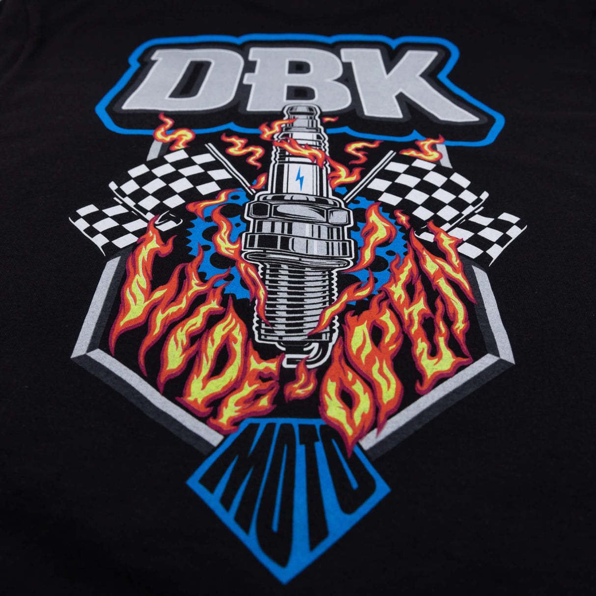 Black crewneck tee close-up of DBK back print with flaming torch and checkers