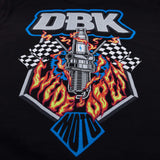 Black crewneck tee close-up of DBK back print with flaming torch and checkers