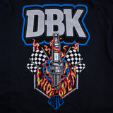 Women's black T-shirt with large DBK flame plug crest graphic