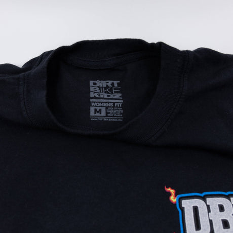 Women's black T-shirt collar with size label and partial DBK logo