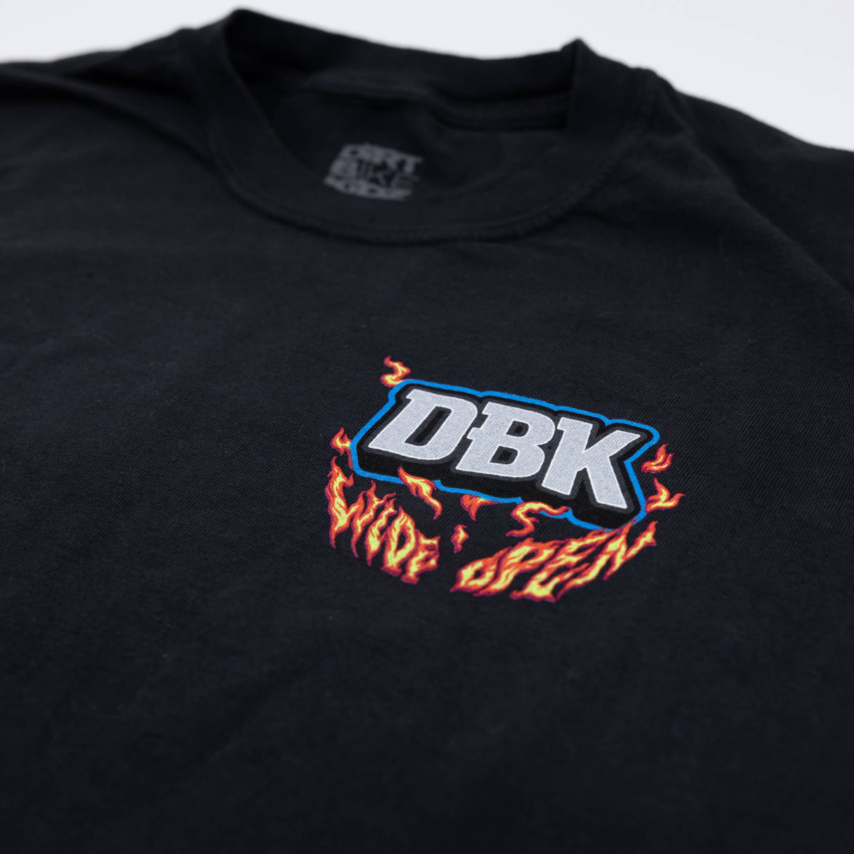 Women's black T-shirt with DBK flame logo on chest