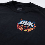 Women's black T-shirt with DBK flame logo on chest