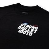 Black youth premium tee with “STACHE MULLET MOTO” graphic across the chest