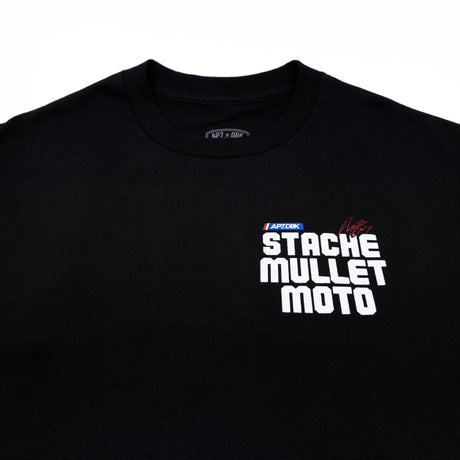 Black youth premium tee with “STACHE MULLET MOTO” chest graphic
