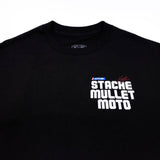 Black graphic T-shirt with STACHE MULLET MOTO chest logo